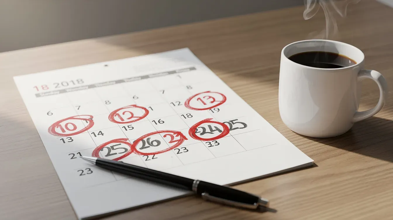 The image shows a wall calendar on a desk, with several dates circled in red, indicating important payment dates, possibly related to universal credit payments. Next to the calendar, there is a cup of coffee, suggesting a moment of planning or reflection on financial support and budgeting.