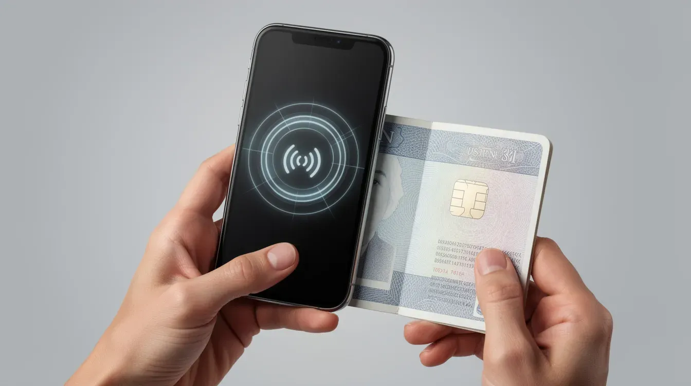 A close-up image shows hands holding a smartphone next to a biometric passport, highlighting the NFC scanning process used to verify identity online. This visual representation emphasizes the importance of confirming your identity for processes such as a universal credit claim.