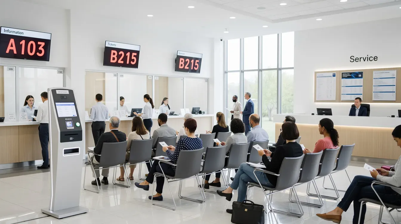 The image shows a modern government office reception area where people are seated, waiting for their turn, with digital numbered ticket displays visible. This setting is likely related to services such as universal credit applications or identity verification processes.