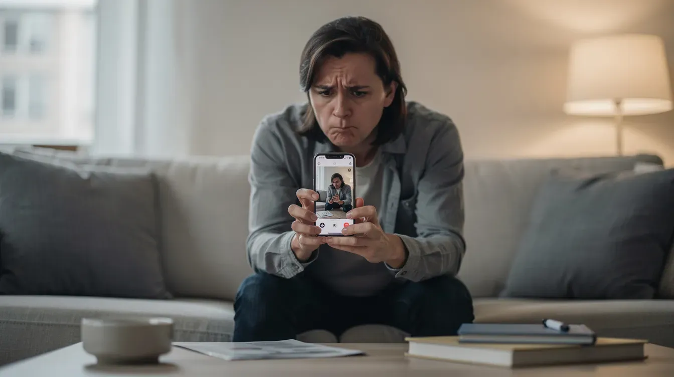 A person is sitting in a well-lit living room, staring at their smartphone screen with a concerned expression, possibly regarding their universal credit application or verifying their identity for online services. The atmosphere suggests a moment of contemplation as they navigate important details related to their financial support.