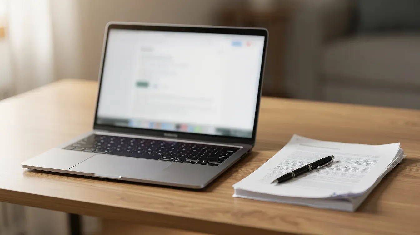 An open laptop sits on a desk alongside a stack of documents and a pen, suggesting preparation for managing a universal credit claim or reviewing a migration notice letter. The scene conveys a sense of organization and focus on financial support documentation.