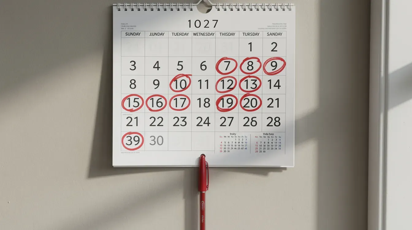 The image shows a wall calendar with several dates circled in red pen, likely indicating important deadlines related to universal credit claims or migration notices. This visual may suggest reminders for actions such as submitting a claim for universal credit or checking on financial support deadlines.