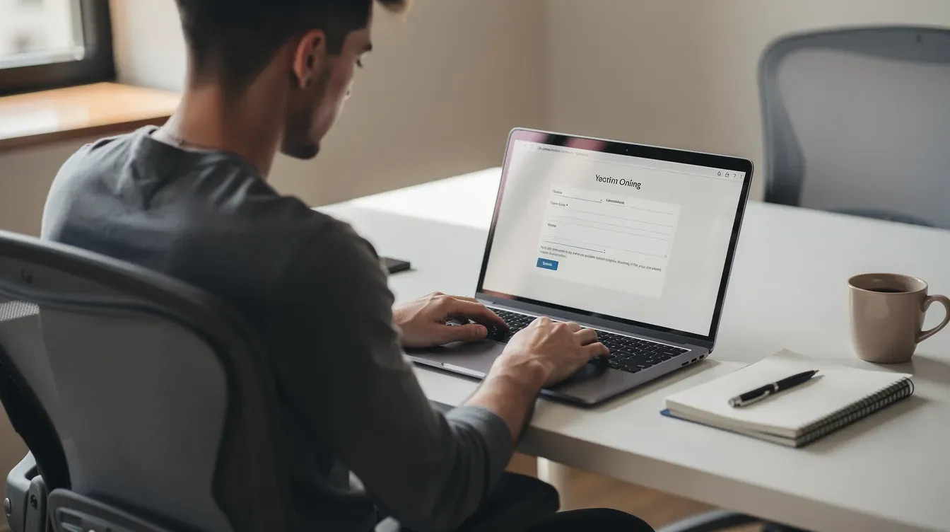 An individual is seated at a desk, focused on a laptop as they complete an online form for a universal credit claim. The setting suggests an effort to navigate the managed migration process and secure financial support through universal credit.