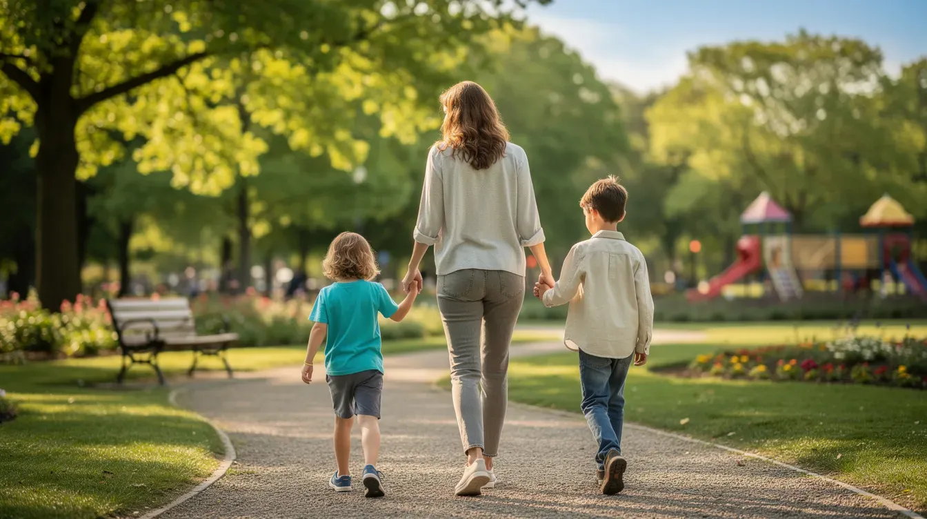 A parent is walking through a park, holding hands with two young children, enjoying a sunny day together. The scene captures a sense of family bonding and joy, highlighting the importance of support and financial assistance, such as universal credit, for families with children.