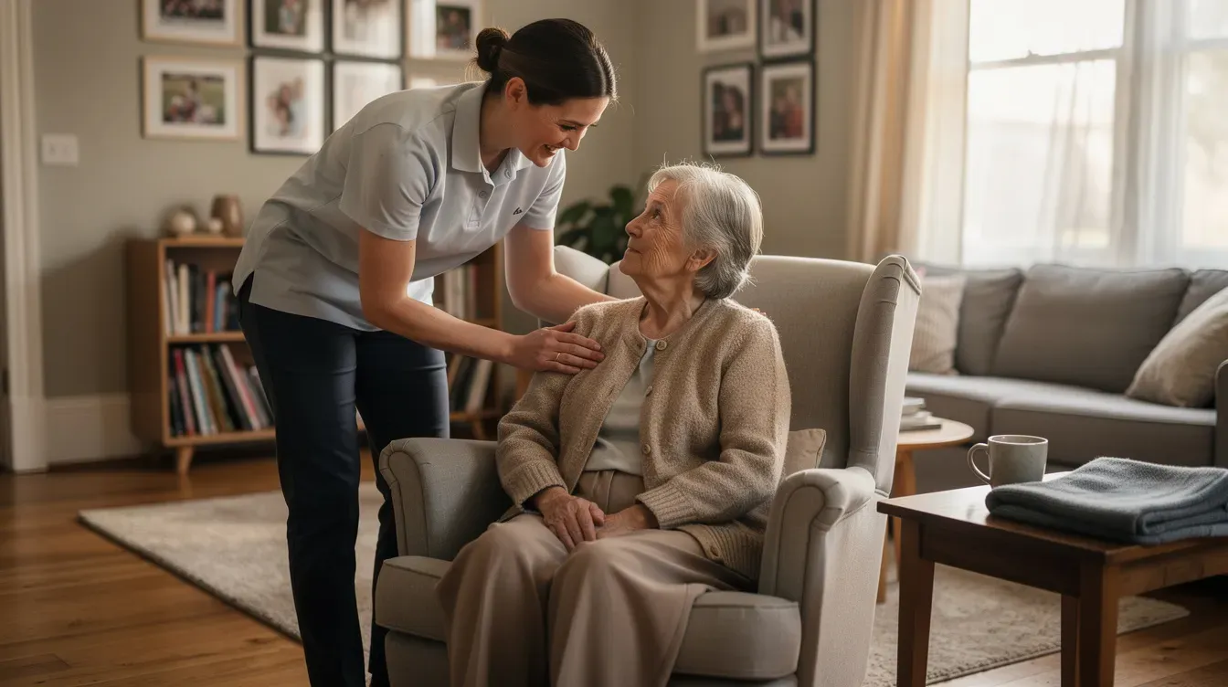 An elderly person is seated in a cozy living room, receiving assistance from a younger carer who is helping them with daily activities. The scene reflects a caring relationship, highlighting the importance of support for those with health conditions or disabilities, similar to the financial support provided by universal credit payments.