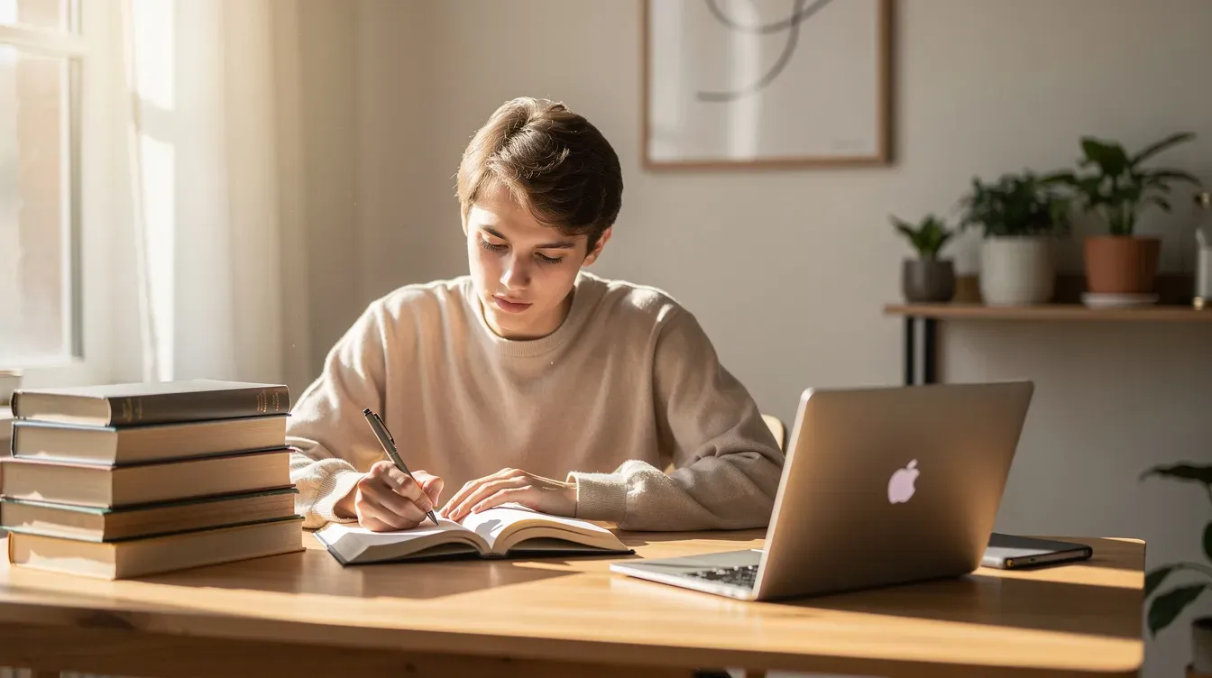 A young person is studying at a desk filled with books and a laptop in a bright, well-lit room. This scene reflects the focus and dedication of students who may be exploring financial support options such as universal credit to help with their housing costs and living expenses.