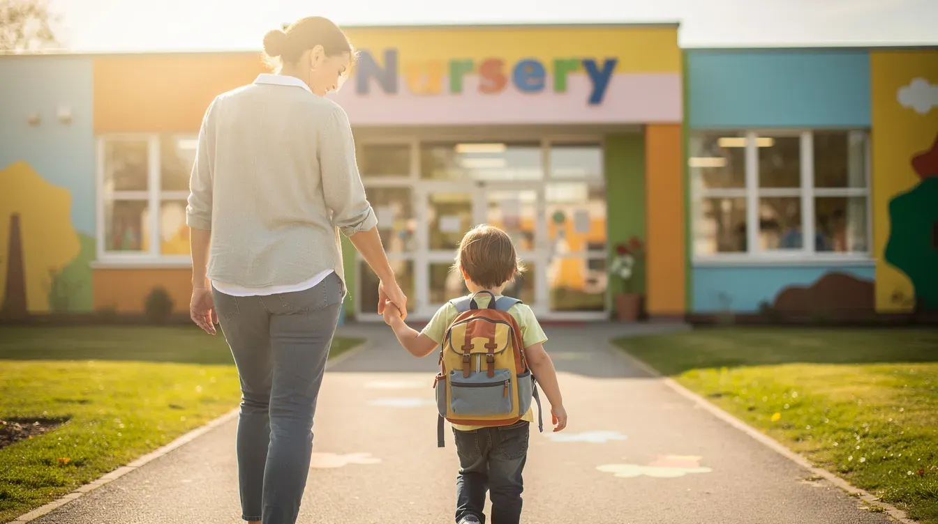 A parent is gently holding a toddler's hand while walking towards a brightly colored nursery building, symbolizing the nurturing bond between them. This scene reflects the importance of community support, such as financial assistance for childcare costs, which can help families navigate their circumstances.