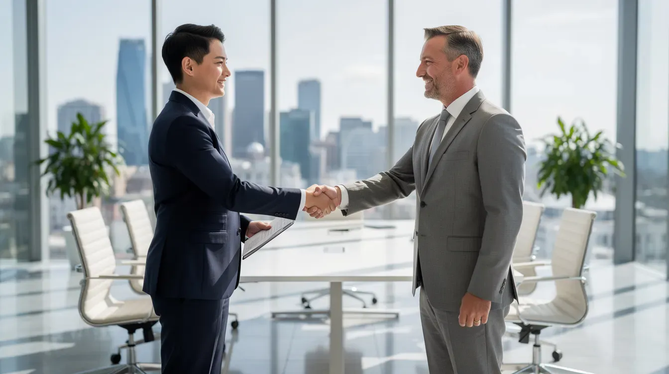 The image shows two people shaking hands inside a modern office, characterized by large windows that allow natural light to fill the space. This professional setting may symbolize a successful meeting related to financial support or benefits, such as universal credit claims.