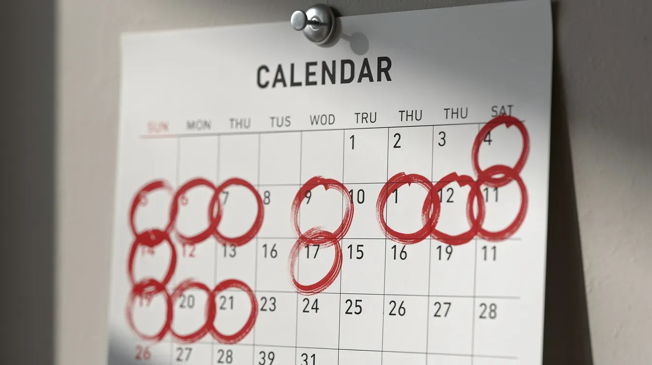The image shows a wall calendar with several dates circled in red marker, indicating important reminders or appointments, possibly related to managing a universal credit account or claiming benefits. These dates may represent deadlines for submitting evidence or attending jobcentre appointments.