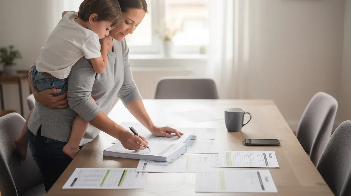 A parent is holding a child while sitting at a table, reviewing paperwork that likely includes important documents related to their universal credit claim and monthly assessment period. The scene captures a moment of family support as they manage financial responsibilities together.