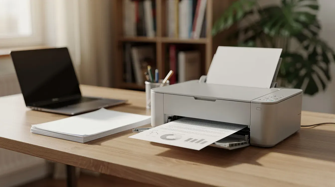 A small desktop printer sits on a home office desk, surrounded by printed pages that may include important documents such as universal credit claims or monthly statements. The scene reflects a workspace organized for managing finances and housing costs efficiently.