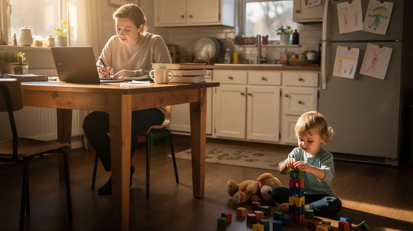 The image depicts a parent studying at a kitchen table, surrounded by books and notes, while a toddler plays with toys on the floor nearby. This scene highlights the challenges and joys faced by lone parents balancing academic pursuits with childcare responsibilities, emphasizing the importance of support systems like universal credit for managing living costs.