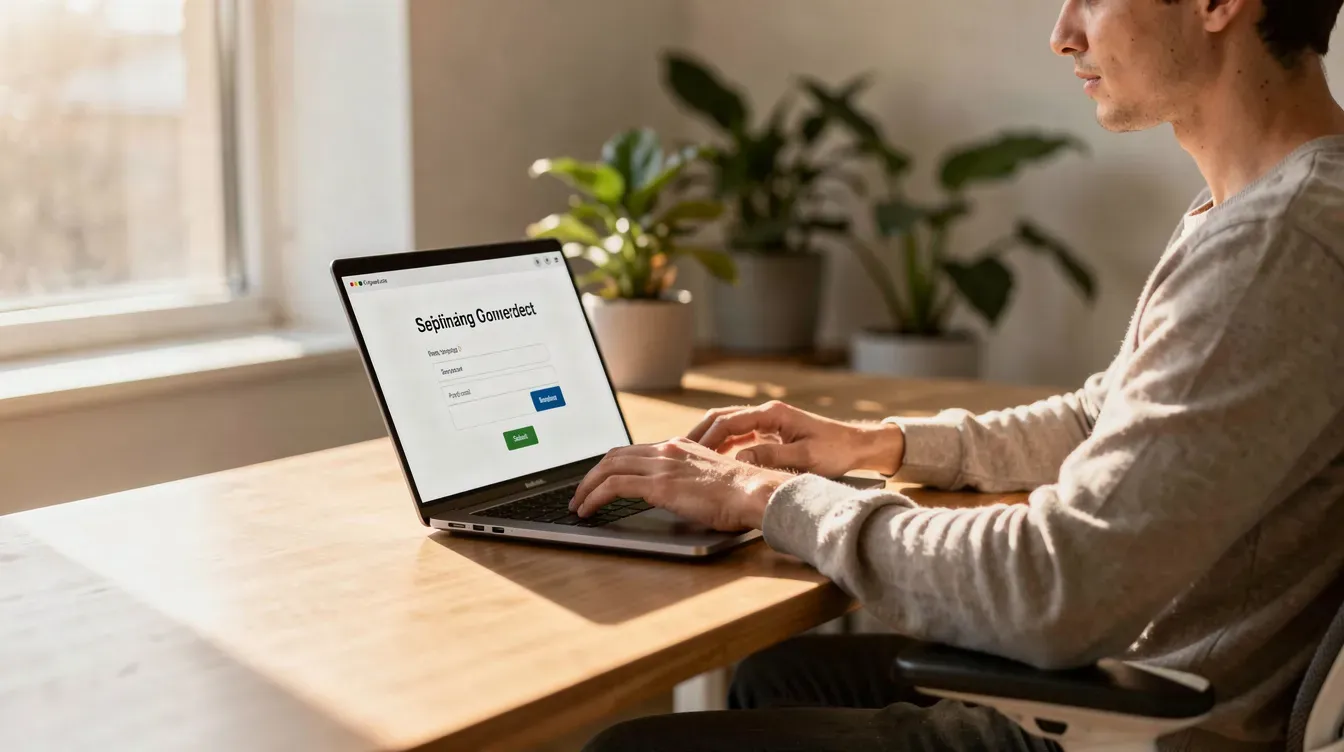 The image shows a person sitting at a modern desk in a home office, focused on filling out a form on their laptop. This scene reflects the process of managing student income and claiming universal credit, which can include considerations like tuition fees and living costs for full-time students.