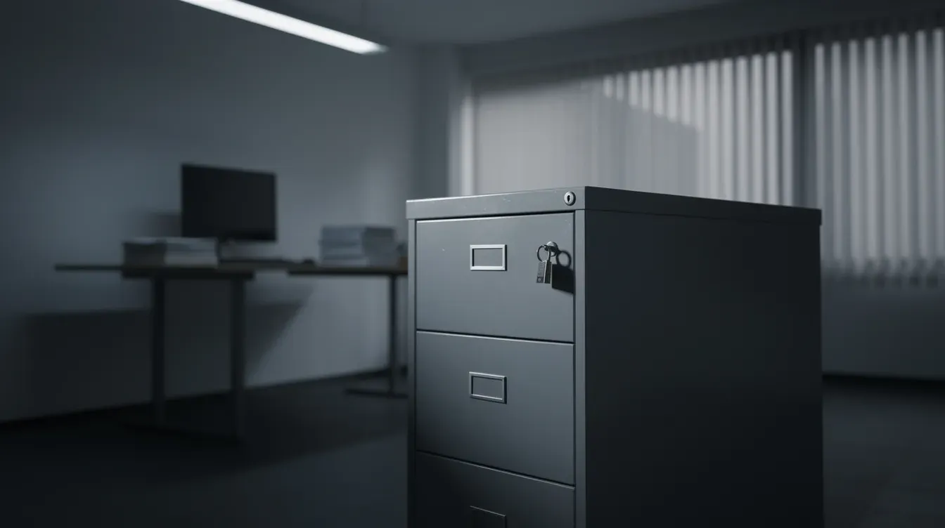 The image depicts a locked metal filing cabinet in a dimly lit office, symbolizing confidentiality and privacy essential for business owners managing sensitive information. This secure storage reflects the importance of limited liability protection and financial responsibility in a company's legal structure.