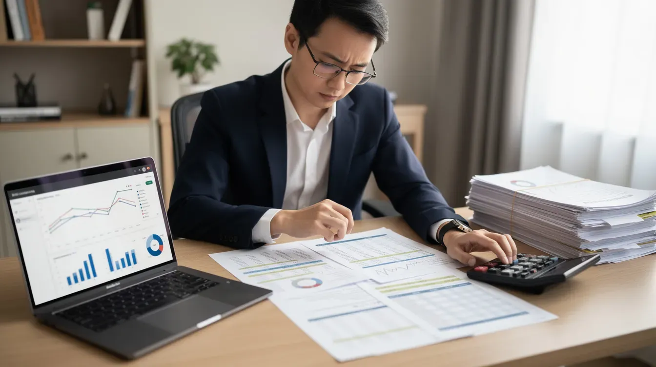 A person is seated at a desk, meticulously reviewing financial documents alongside a calculator and laptop, symbolizing the careful business planning essential for managing a private limited company. This scene reflects the importance of understanding financial liability and the legal structure of business ownership.