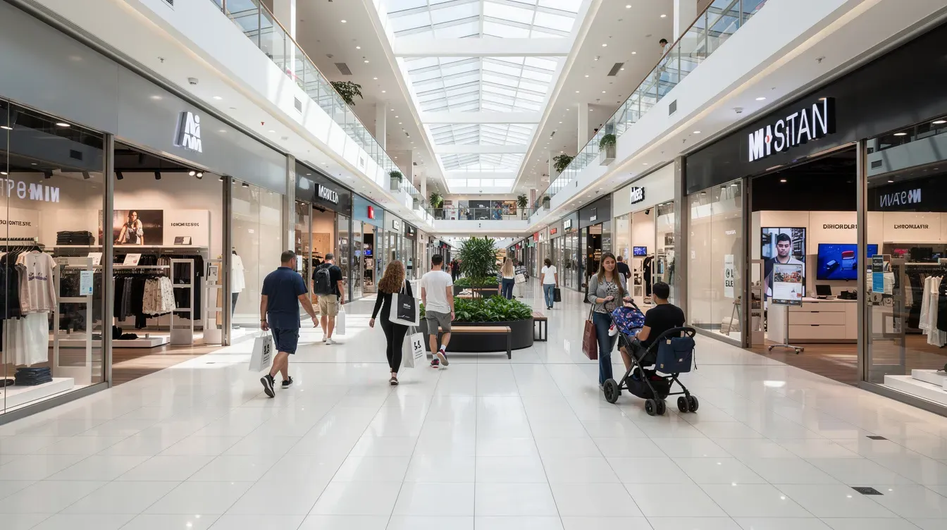 The image depicts the Belle Vale Shopping Centre in Liverpool, featuring wide corridors lined with various shopfronts, as shoppers stroll through the vibrant space, enjoying their shopping experience. The modern design includes clear signage for services and information, enhancing the atmosphere of this bustling indoor market.