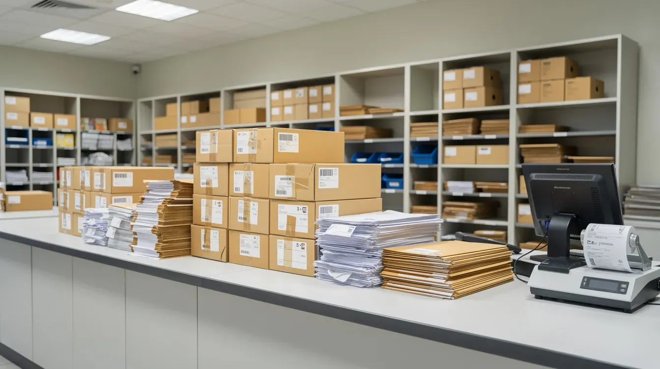The image shows a post office counter at the Belle Vale shopping centre, featuring neatly stacked parcels and envelopes ready for processing, highlighting the efficient services offered at this branch in Liverpool.