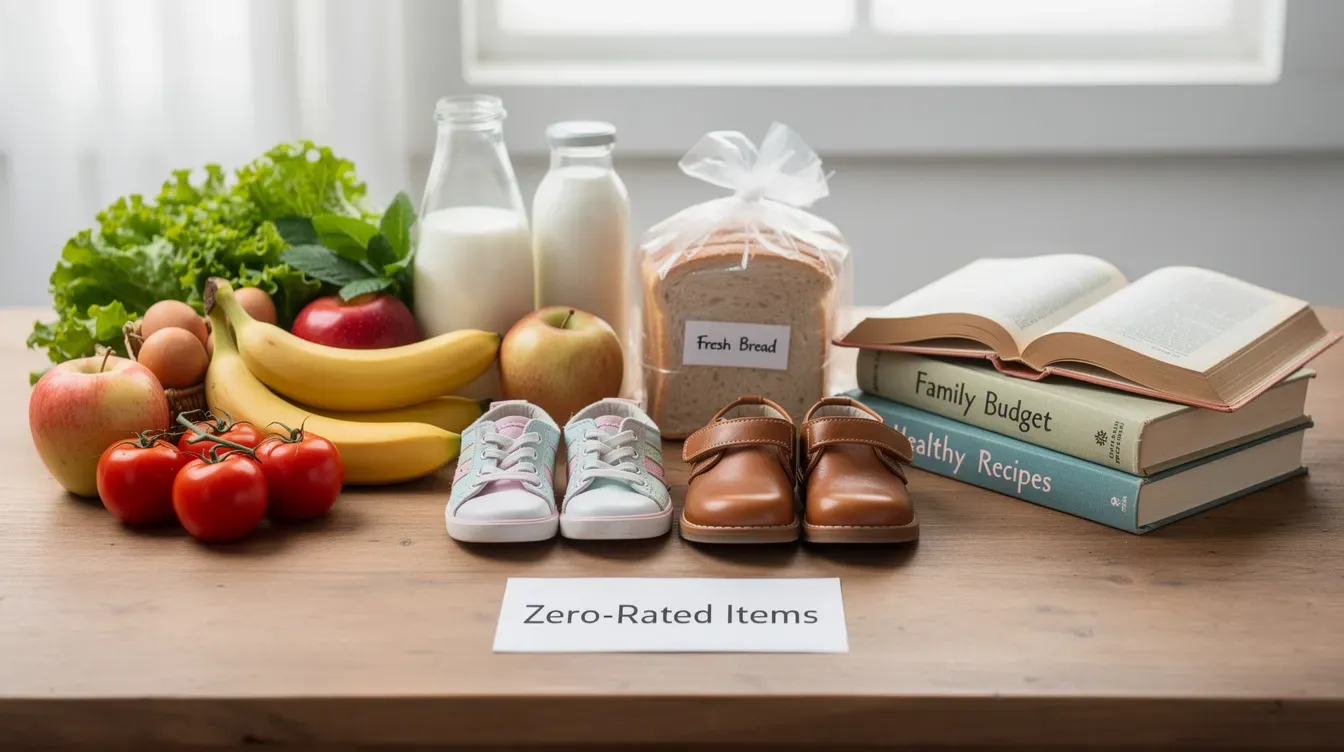 The image displays a table filled with fresh groceries, children's shoes, and printed books, all of which are categorized as zero-rated items for VAT purposes. This arrangement highlights the concept of zero-rated supplies, which are exempt from value added tax in the UK.