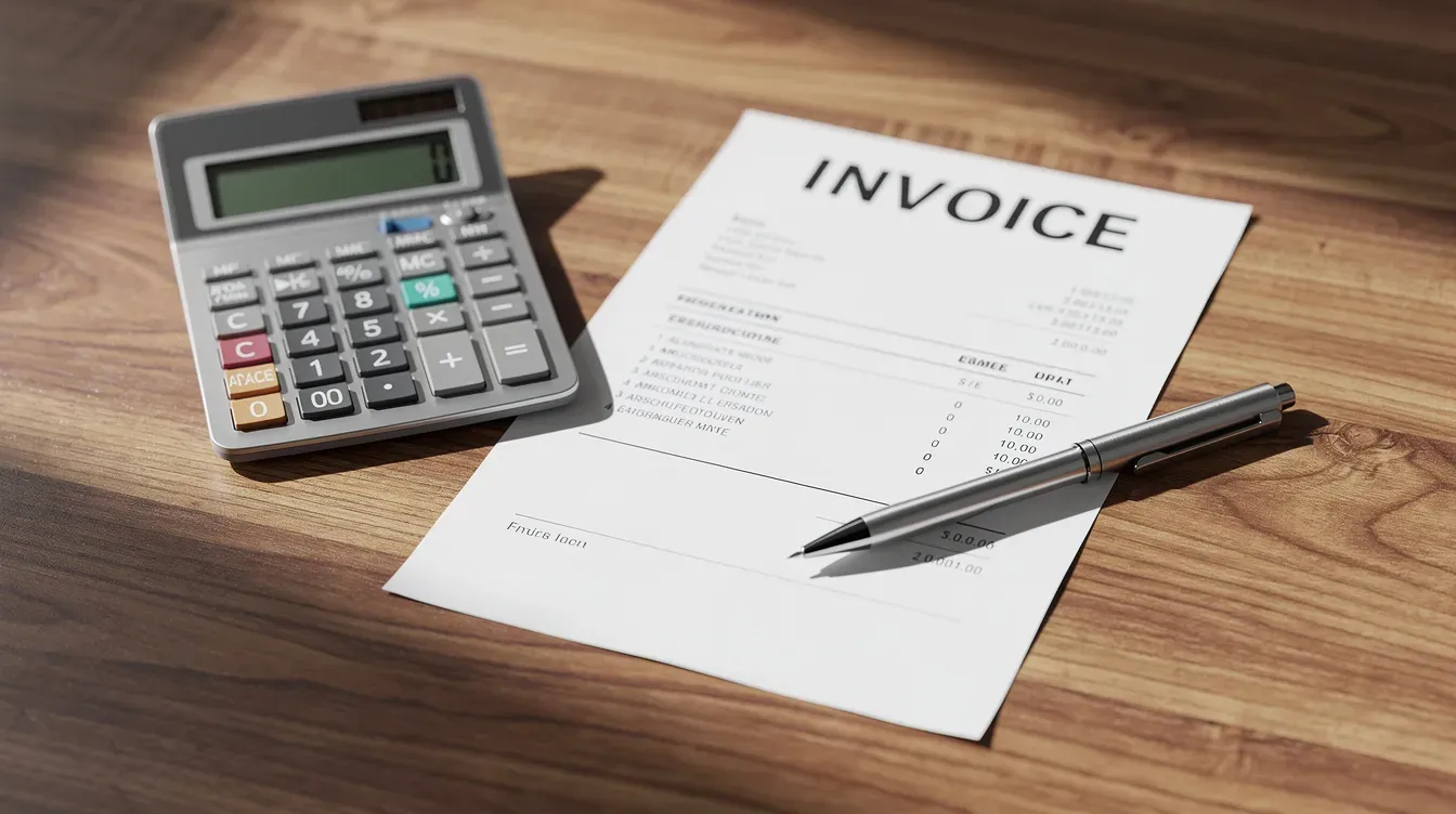 The image shows a calculator, a pen, and a printed invoice placed on a wooden desk, suggesting a setting for managing financial tasks such as calculating VAT or preparing VAT returns. This workspace is indicative of activities related to VAT registration and record-keeping for businesses.
