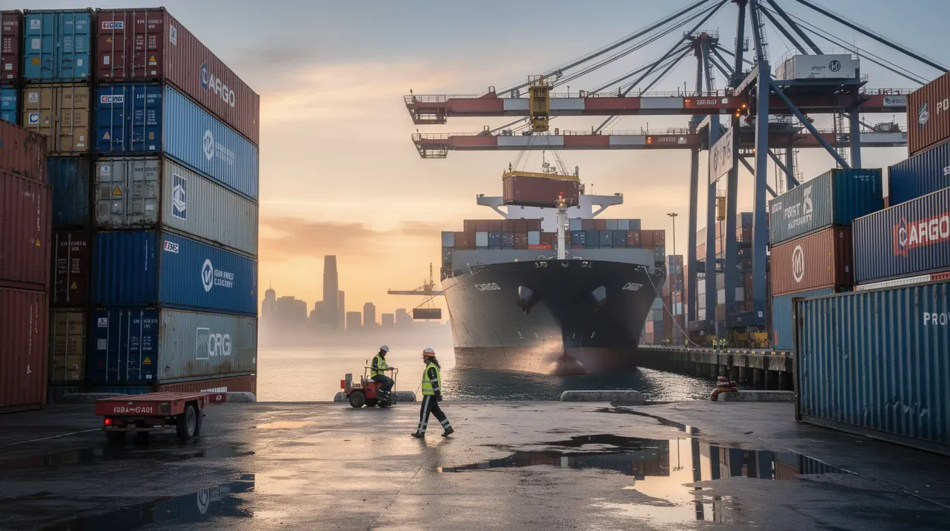 The image depicts a busy international shipping port filled with large cargo containers stacked high, showcasing the bustling activity of global trade. This scene reflects the importance of logistics in managing goods and services, often involving processes like VAT registration and compliance for businesses operating in the supply chain.