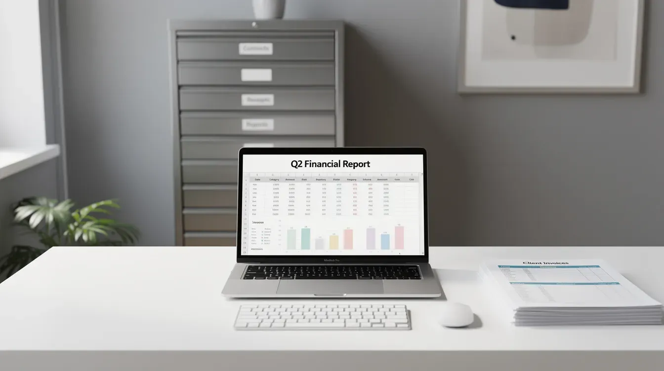 The image depicts a neatly organized office featuring a laptop displaying spreadsheets, likely related to financial management such as VAT returns or taxable turnover. In the background, a filing cabinet suggests a structured approach to record keeping, essential for VAT registered businesses.