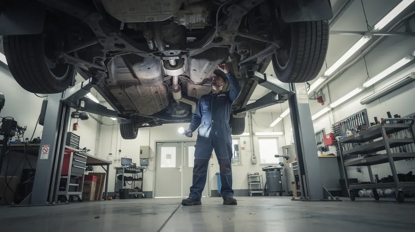 A mechanic is inspecting the underside of a car on a hydraulic lift, ensuring the vehicle's safety and service history are up to standard. This detailed vehicle check can help identify any potential issues, providing essential information for a comprehensive car history report.