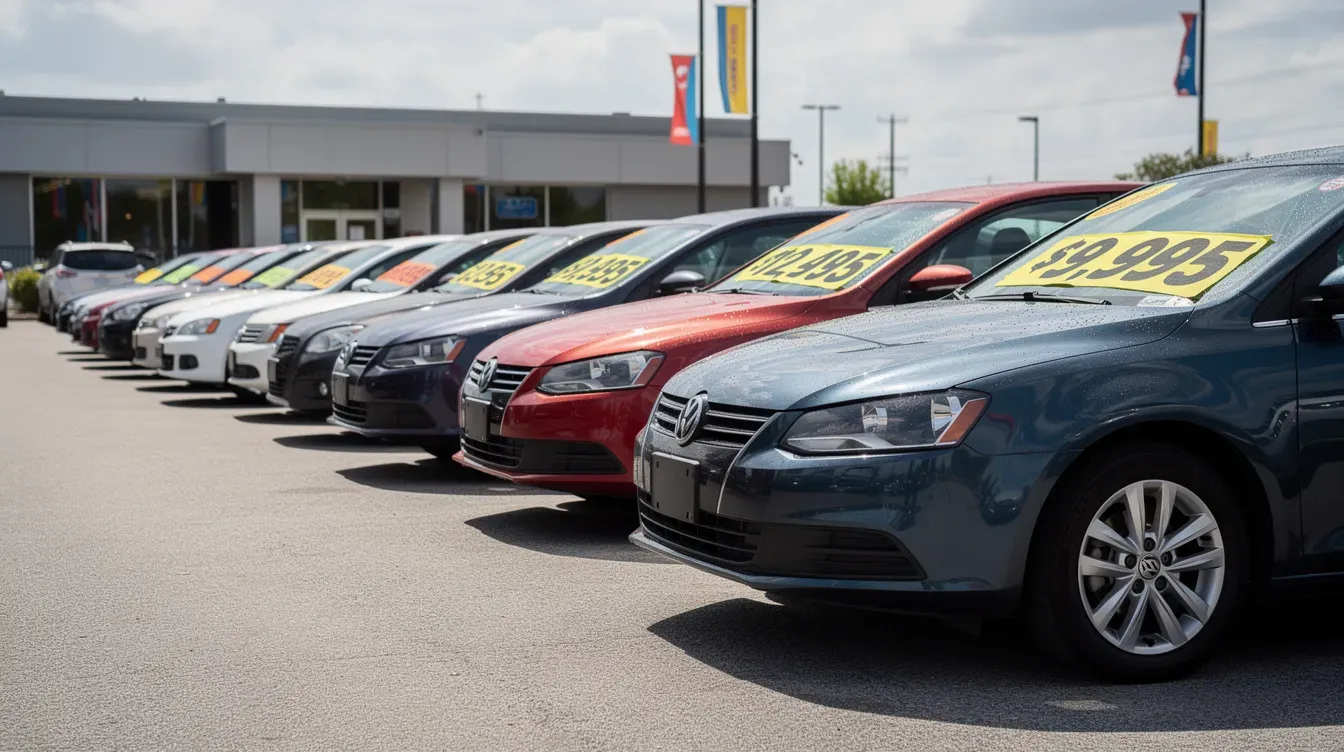The image shows a row of used cars parked on a forecourt, each displaying price tags on their windshields. This scene highlights the variety of vehicles available, where potential buyers can consider conducting a free car check to obtain key vehicle details, including full car history and MOT status.