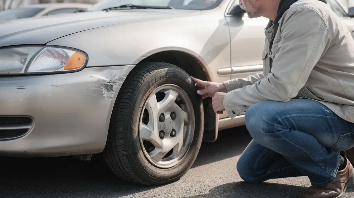 A buyer is crouching beside a used car, closely examining the tyre and bodywork for any signs of wear or damage. This careful inspection is essential for ensuring the vehicle's condition before making a purchase, as it helps to avoid costly surprises and verify key vehicle details such as service history and MOT status.