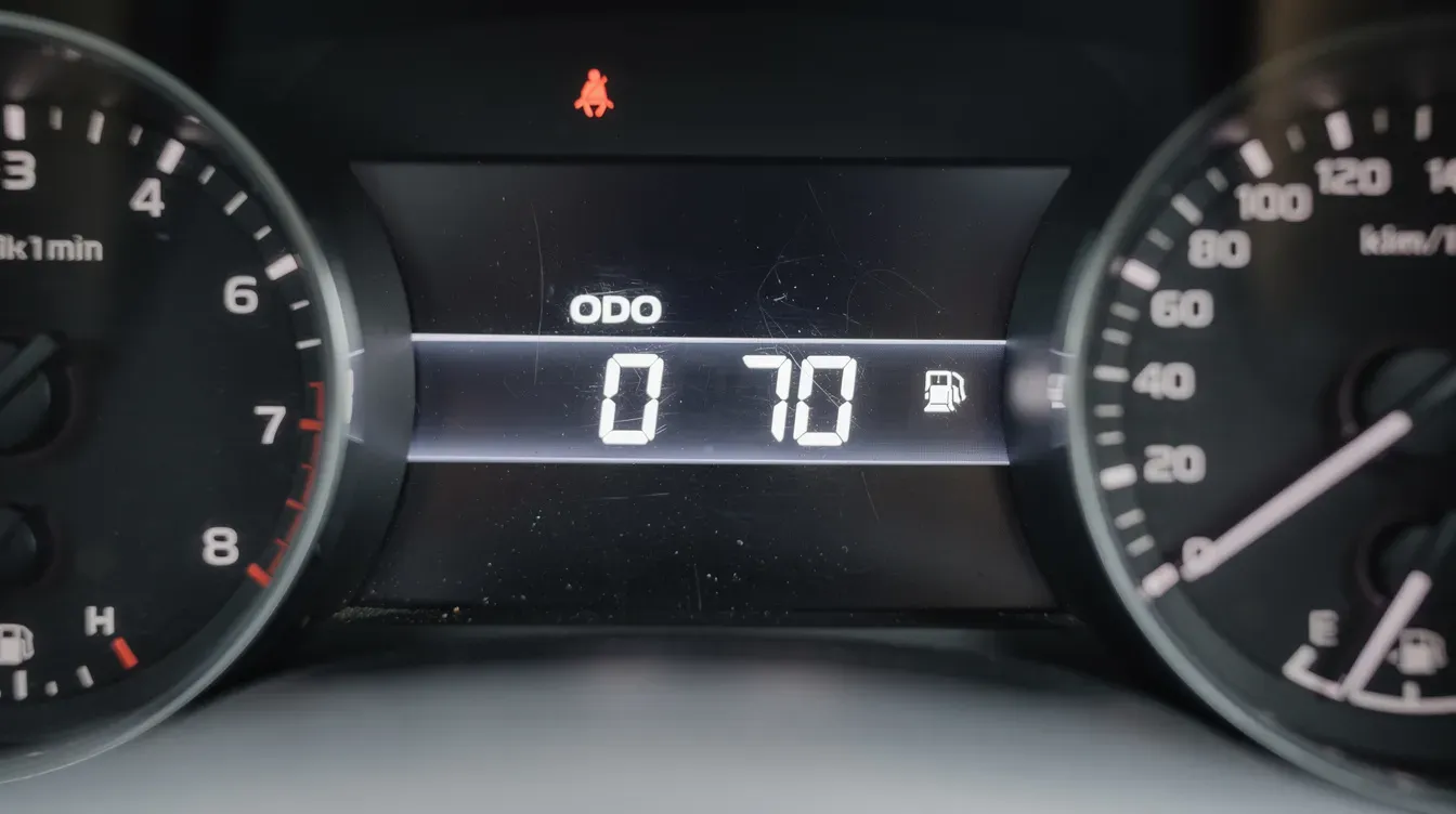 The image shows a close-up view of a car's dashboard, prominently displaying the odometer with clear mileage readings. This detailed shot highlights the vehicle's mileage, which is essential for checking for discrepancies and ensuring accurate vehicle history records.