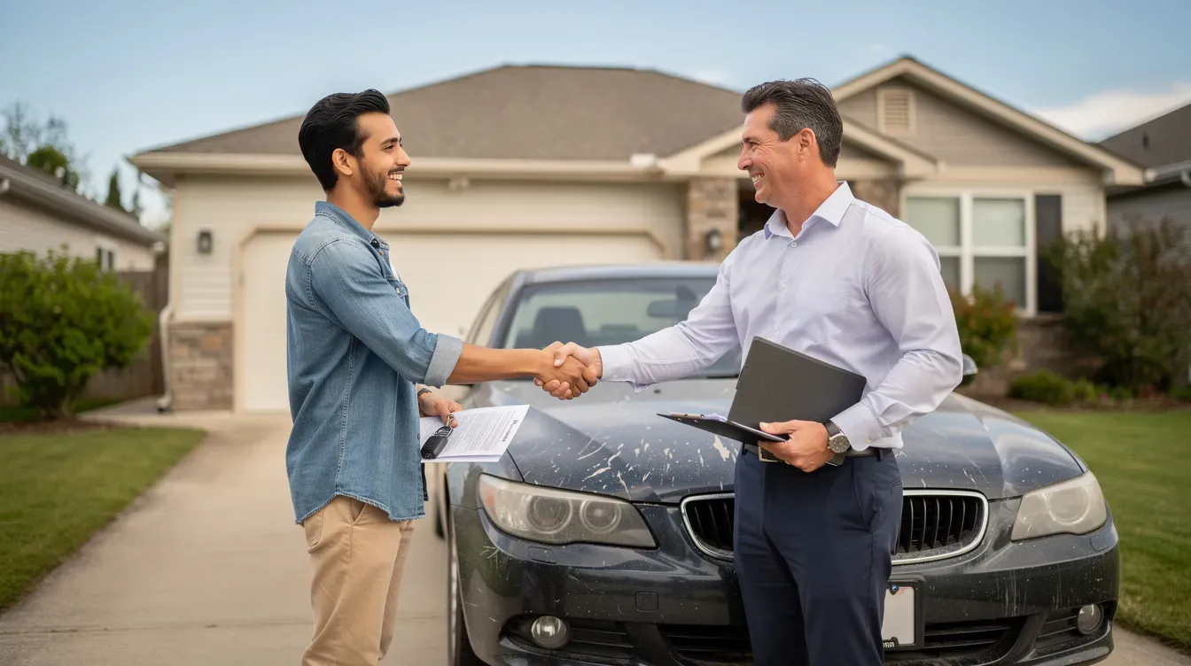 A buyer and seller are shaking hands next to a used car parked in a driveway, symbolizing a successful transaction. The scene captures the essence of negotiating a vehicle purchase, where checking the car's mileage and vehicle history report is crucial to avoid mileage discrepancies and ensure a fair deal.