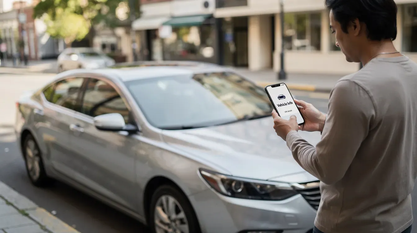 A person is standing next to a parked silver car, using a smartphone to perform a vehicle information check, likely looking up details such as the car's registration number, mileage records, and outstanding finance. This scene illustrates the use of technology for a free number plate check to ensure the vehicle's history is clear before purchase.