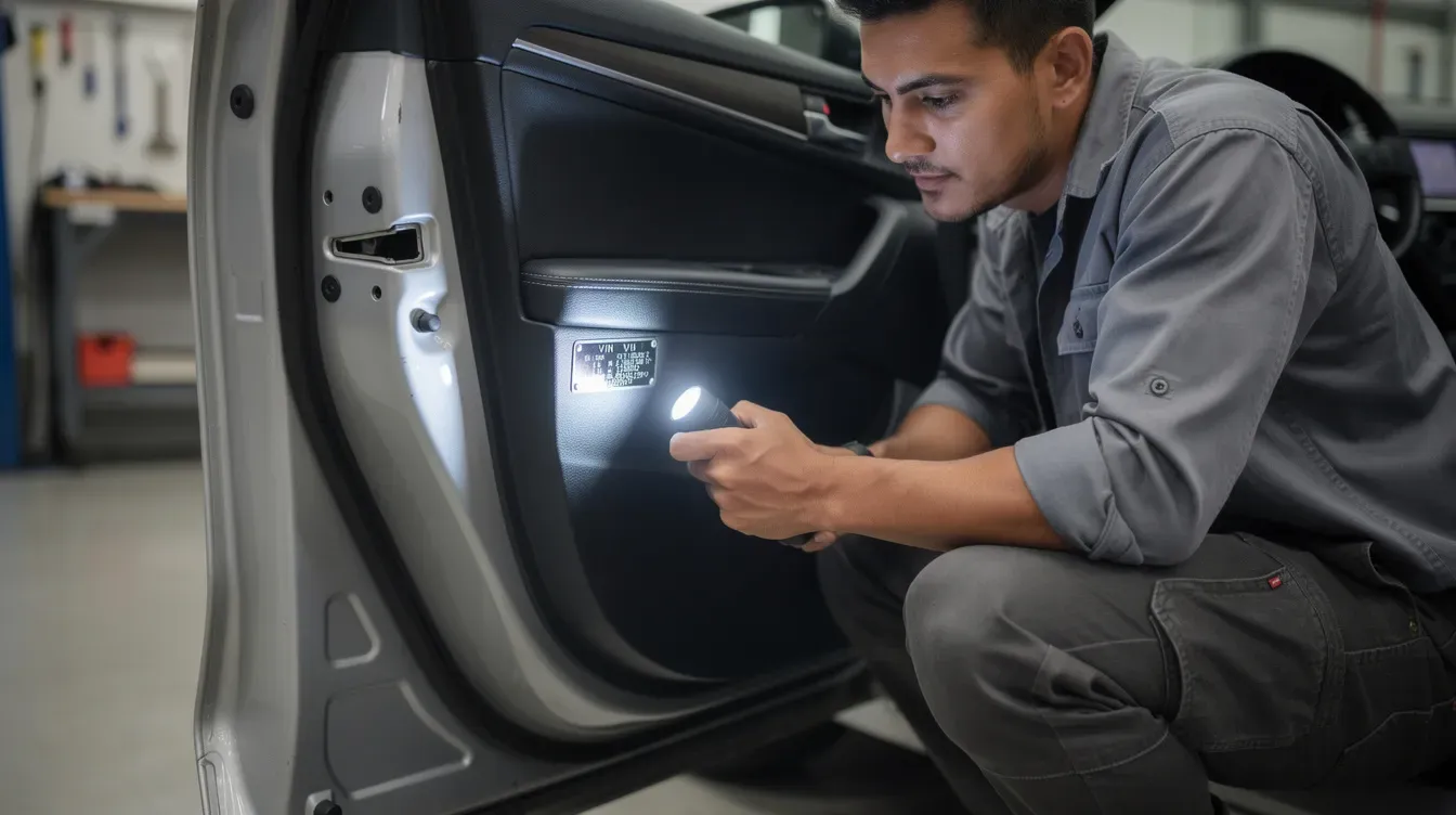 A person is crouching near a car door frame, using a torch to inspect the metal VIN plate, which contains key vehicle details for a thorough vehicle history check. This inspection is crucial for identifying any outstanding finance, previous registrations, or potential warning signs related to the used car's identity.