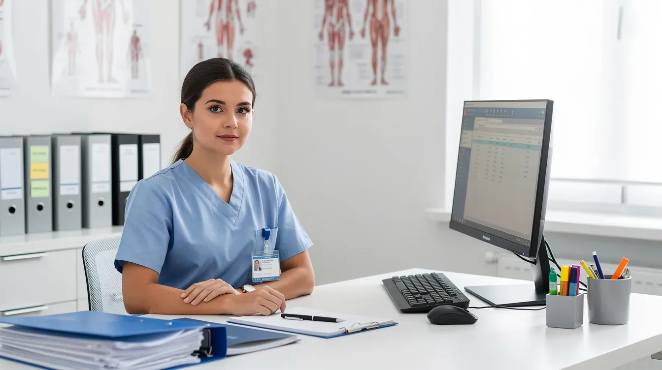 The image depicts a healthcare professional seated at a desk, surrounded by medical files and a computer, indicating their role in assessing health conditions for benefits such as universal credit and employment and support allowance. This setting emphasizes the importance of medical evidence in supporting claims related to disability or health conditions.