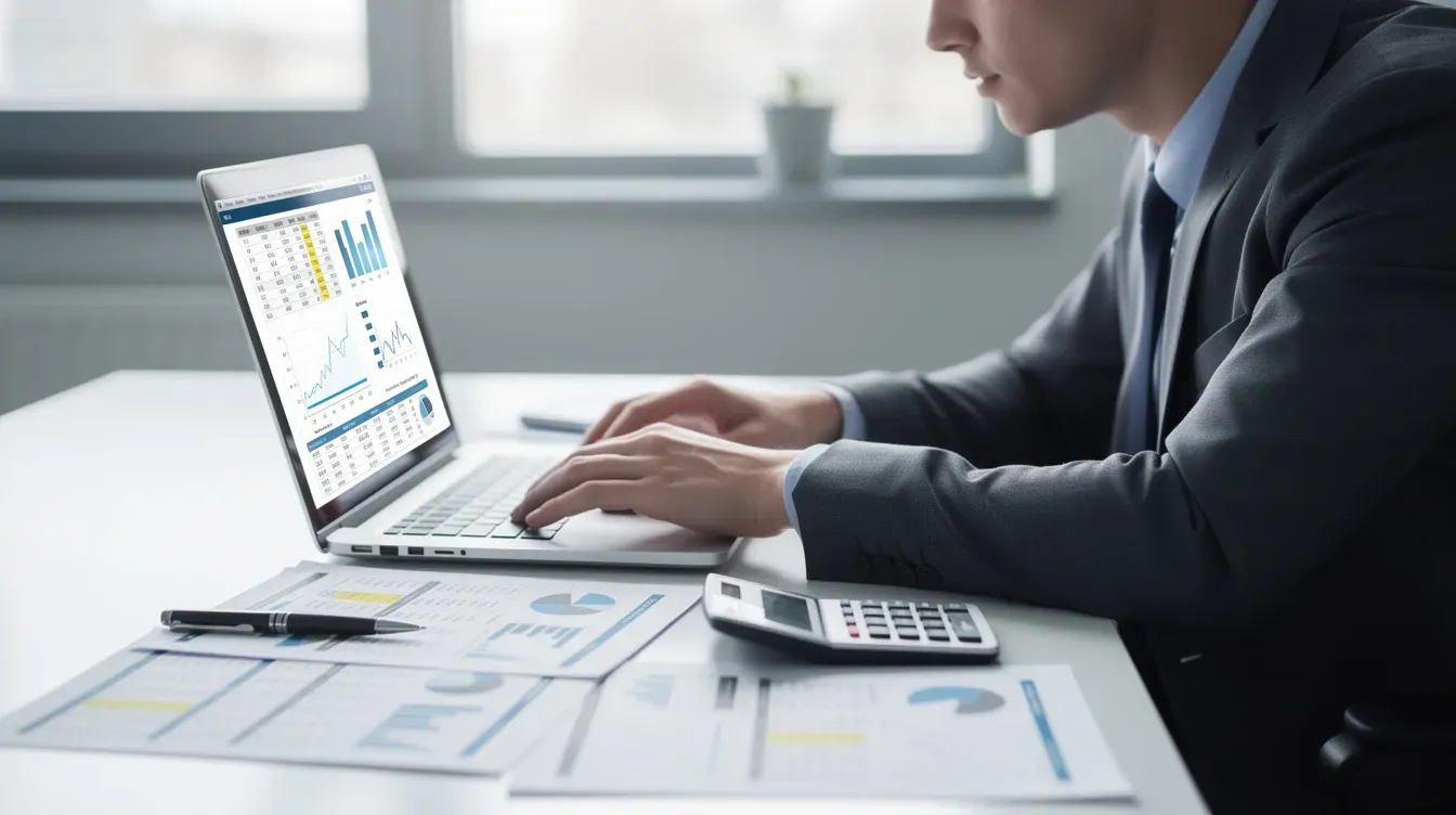 A person is focused on a laptop screen while reviewing financial documents placed on the table nearby, possibly related to their universal credit claim or work capability assessment. The scene suggests an effort to manage finances, likely in connection with support allowances or benefits due to a health condition or disability.