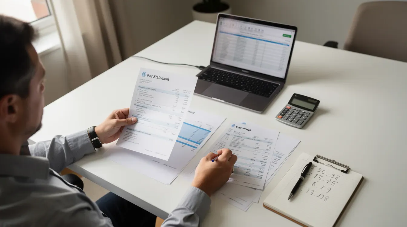A person is seated at a desk, meticulously reviewing financial documents and payslips, possibly related to their universal credit claim. The scene suggests a focus on understanding their financial situation and ensuring they are receiving the correct universal credit payments.