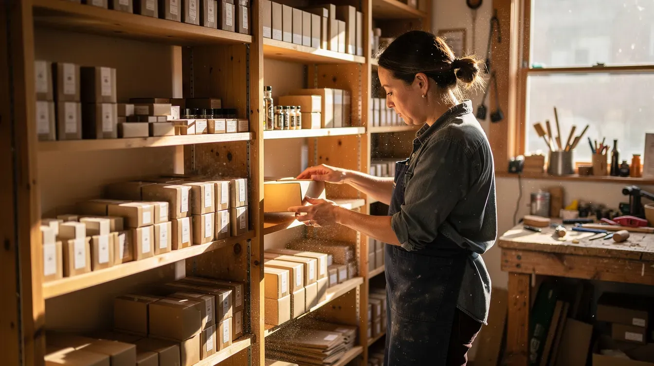 A small business owner is carefully arranging products on shelves in a workshop, showcasing their self-employment efforts. This scene highlights the dedication required in managing a business, which may be relevant for those considering how universal credit payments can support their entrepreneurial journey.