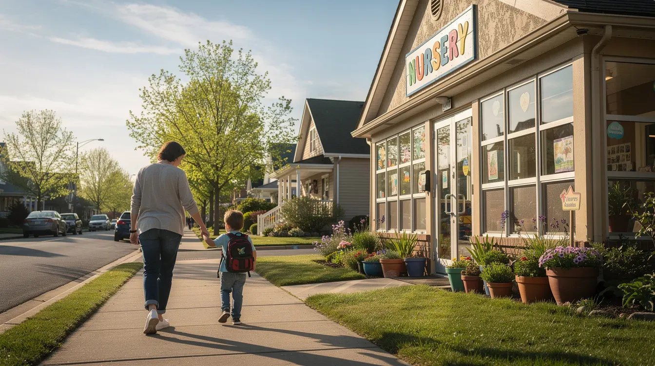 A parent walks hand-in-hand with a young child past a bright nursery on a sunny morning, embodying a moment of warmth and togetherness. The scene evokes a sense of community, which can be important for families navigating aspects of universal credit and childcare costs.