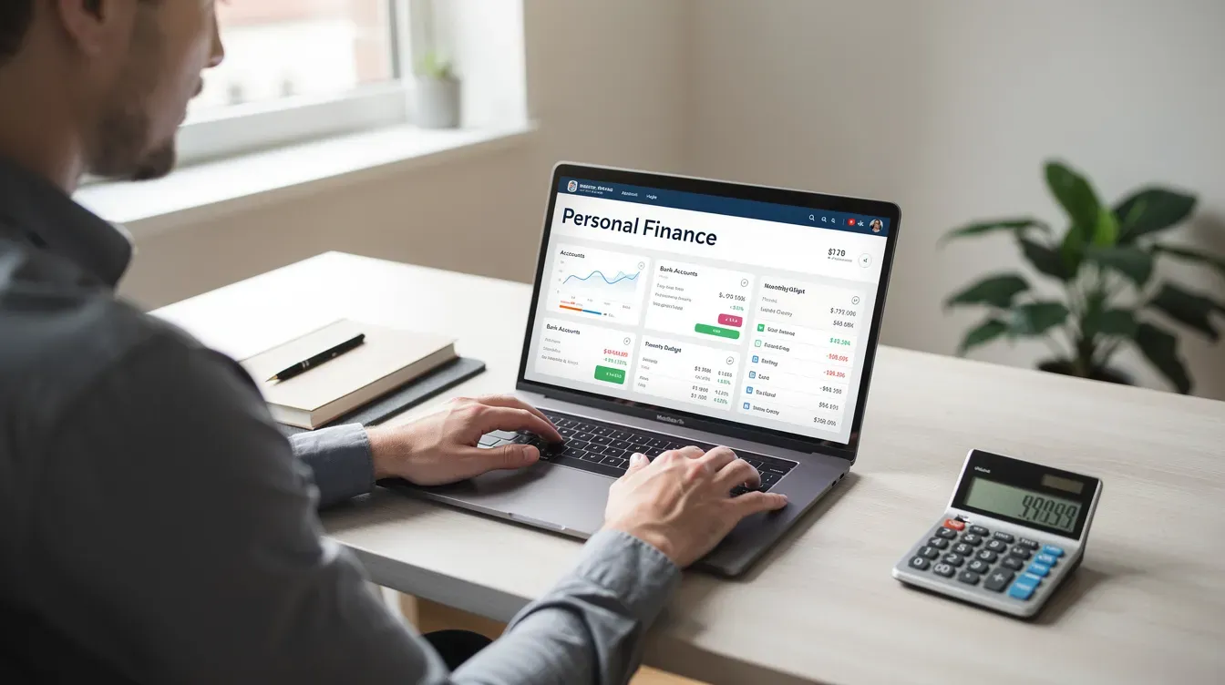 A person is sitting at a desk, using a laptop to check their finances, with a calculator placed beside them. This scene may reflect someone managing their universal credit claim or assessing their monthly earnings and housing costs.