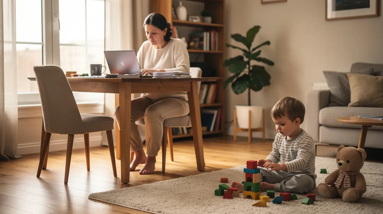 A parent is seated at a desk working on a laptop while their young child plays nearby on the floor, creating a cozy home environment that balances work and family time. This scene highlights the challenges and rewards of managing household income and responsibilities, particularly for those who may be claiming tax credits or benefits.