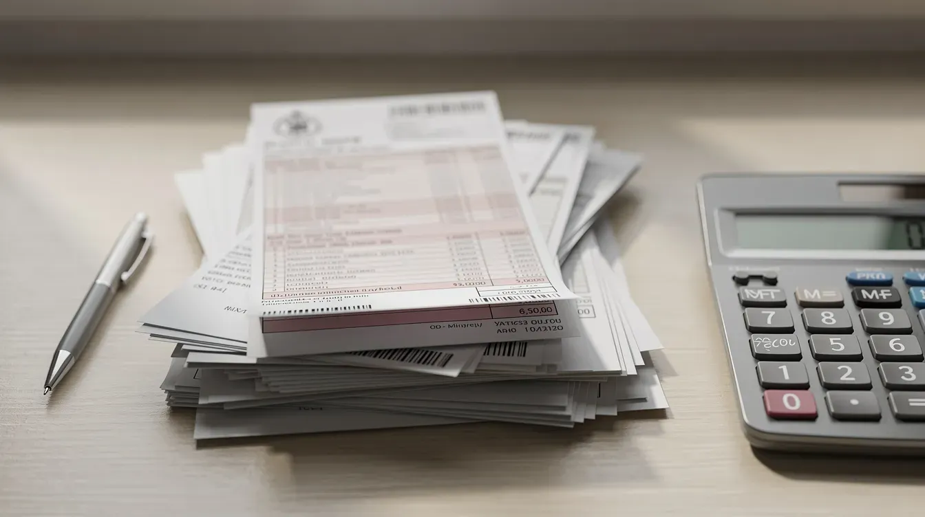 The image shows a stack of payslips and official documents resting on a desk next to a calculator, representing the paperwork often involved in claiming tax credits such as child tax credit and working tax credit for income-related purposes. The scene reflects the organization required for managing household income and tax year documentation.