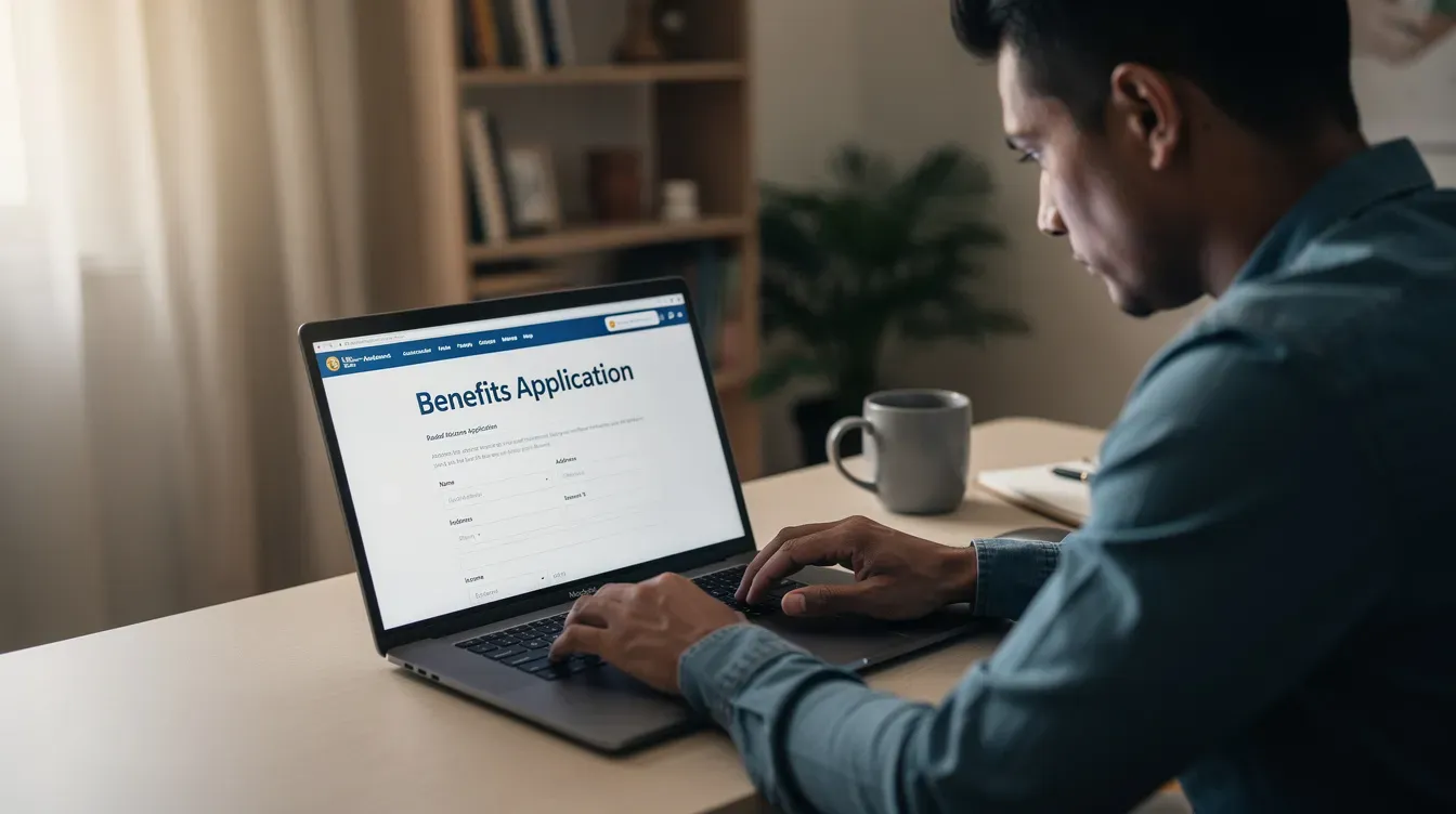 A person is sitting at a desk, focused on their laptop as they fill out an online benefits application form, likely for tax credits such as the child tax credit or working tax credit. The scene emphasizes the importance of accurately reporting household income and personal details to ensure eligibility for various benefits.